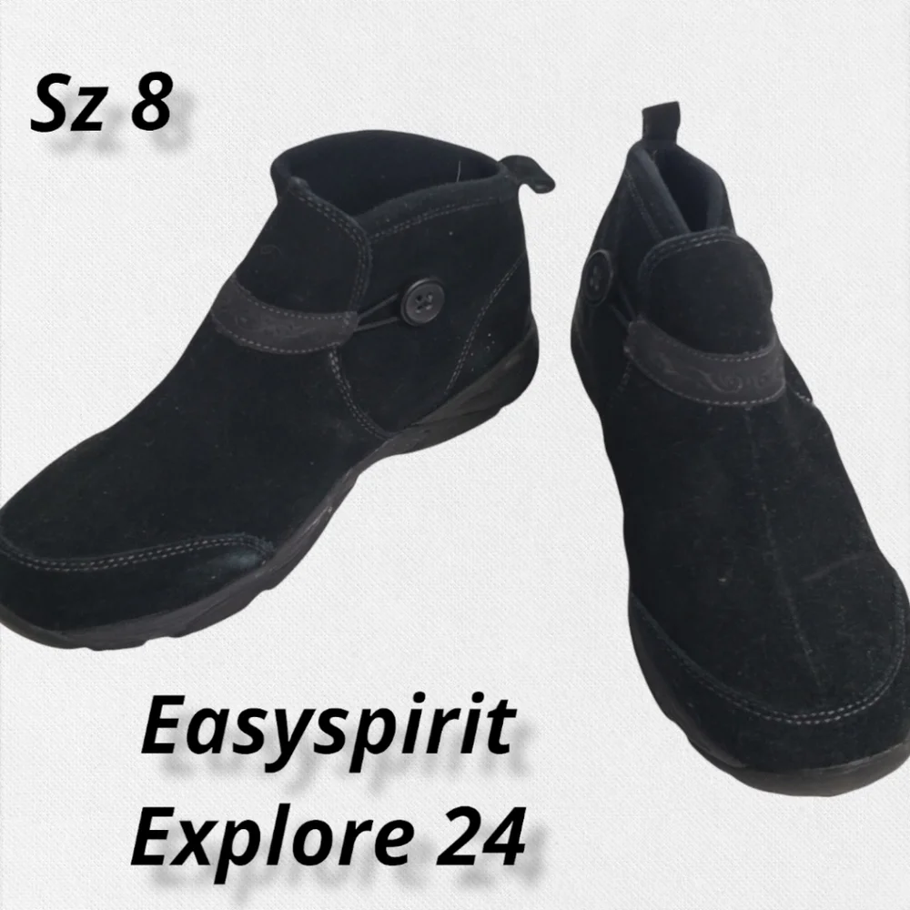 Easy Spirit Explore 24 Black Leather Suede Walking Booties 8 EUC